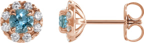 14K Gold Round Natural Blue Zircon French-Set Halo-Style Earrings - Rose Gold