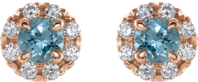 14K Gold Round Natural Blue Zircon French-Set Halo-Style Earrings - Rose Gold - view 2