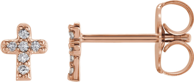 14K Gold Round Natural Diamond Youth Cross Earrings - Rose Gold