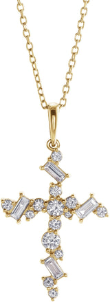 14K Gold Natural Diamond Scattered Cross Necklace or Pendant - Yellow Gold