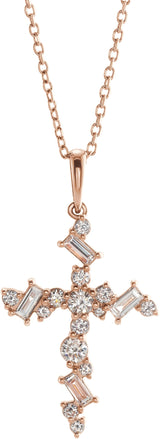 14K Gold Natural Diamond Scattered Cross Necklace or Pendant - Rose Gold