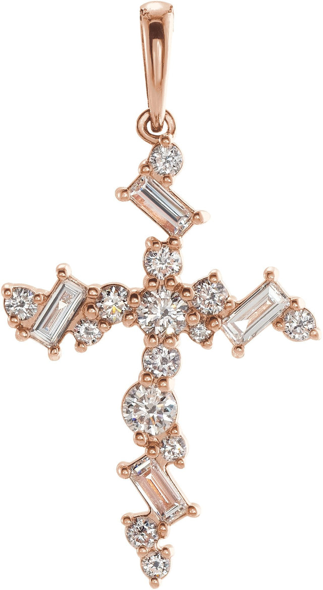 14K Gold Natural Diamond Scattered Cross Necklace or Pendant - Rose Gold