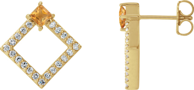 14K Gold Square Natural Citrine Accented Geometric Earrings - Yellow Gold