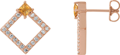 14K Gold Square Natural Citrine Accented Geometric Earrings - Rose Gold