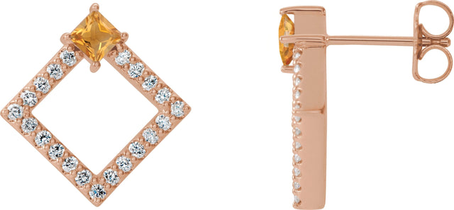 14K Gold Square Natural Citrine Accented Geometric Earrings - Rose Gold