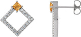 14K Gold Square Natural Citrine Accented Geometric Earrings - White Gold