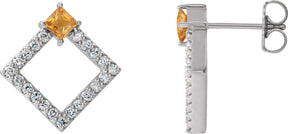 14K Gold Square Natural Citrine Accented Geometric Earrings - White Gold