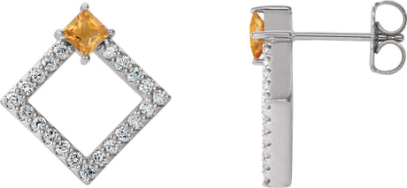 Platinum Square Natural Citrine Accented Geometric Earrings