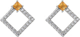 14K Gold Square Natural Citrine Accented Geometric Earrings - White Gold - view 2
