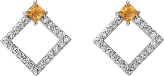 14K Gold Square Natural Citrine Accented Geometric Earrings - White Gold - view 2
