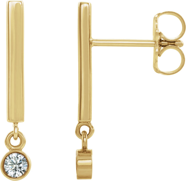 14K Gold Round Natural White Sapphire Bezel-Set Bar Earrings - Yellow Gold