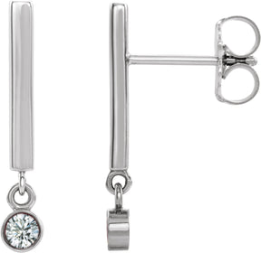14K Gold Round Natural White Sapphire Bezel-Set Bar Earrings - White Gold
