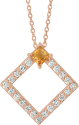 14K Gold Square Natural Citrine Accented Geometric Necklace or Pendant - Rose Gold