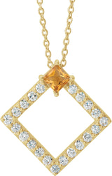 14K Gold Square Natural Citrine Accented Geometric Necklace or Pendant - Yellow Gold