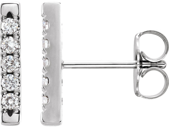 14K Gold Round Natural Diamond French-Set Bar Earrings - White Gold