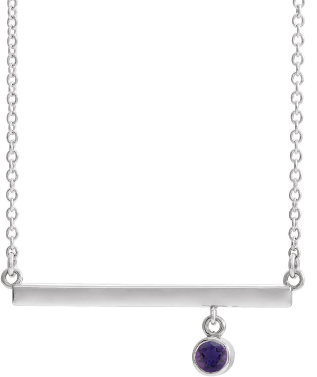 14K Gold Round Natural Amethyst Bezel-Set Bar Necklace III - White Gold