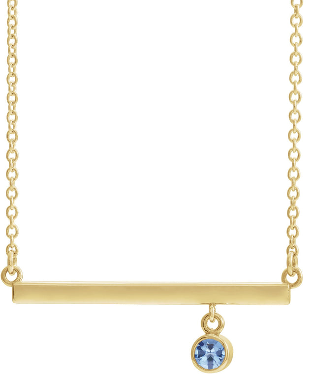 14K Gold Round Natural Aquamarine Bezel-Set Bar Necklace III - Yellow Gold