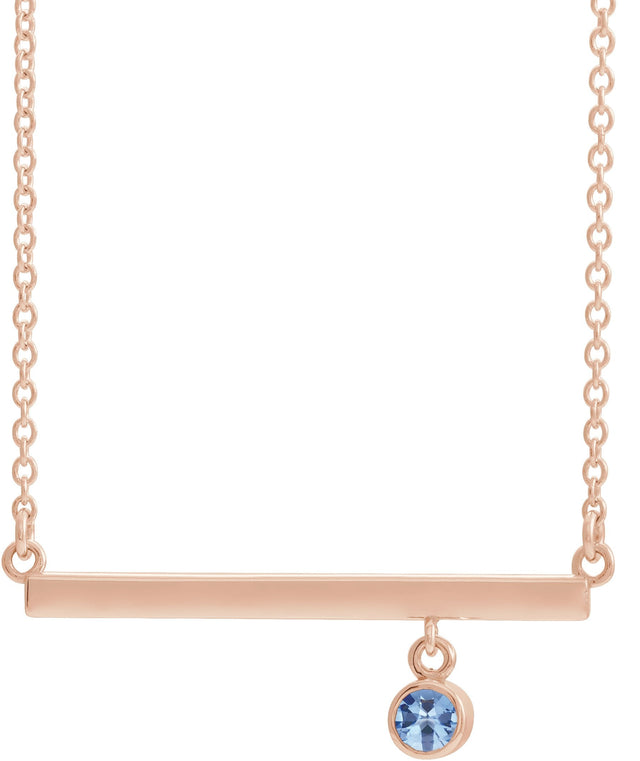 14K Gold Round Natural Aquamarine Bezel-Set Bar Necklace III - Rose Gold