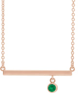 14K Gold Round Natural Emerald Bezel-Set Bar Necklace III - Rose Gold