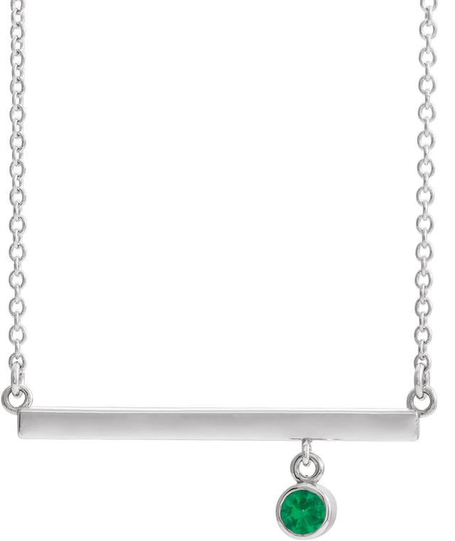 14K Gold Round Natural Emerald Bezel-Set Bar Necklace III - White Gold