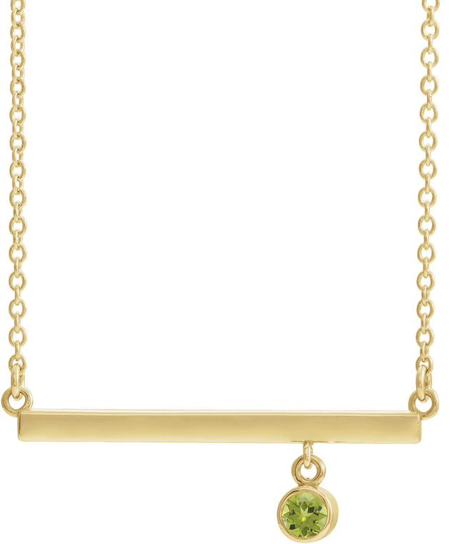 14K Gold Round Natural Peridot Bezel-Set Bar Necklace III - Yellow Gold