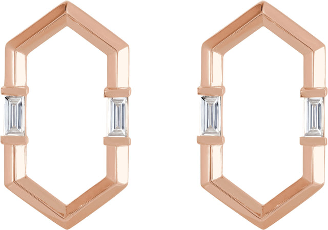 14K Gold Straight Baguette Natural Diamond Geometric Earrings – 4mm Stones - Rose Gold - view 2