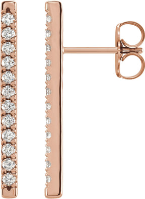 14K Gold Round Natural Diamond French-Set Bar Earrings - Rose Gold