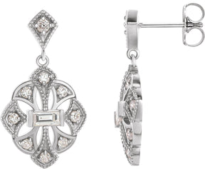 14K Gold Straight Baguette Natural Diamond Vintage-Inspired Earrings - White Gold
