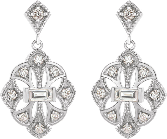 Platinum Straight Baguette Natural Diamond Vintage-Inspired Earrings - view 2