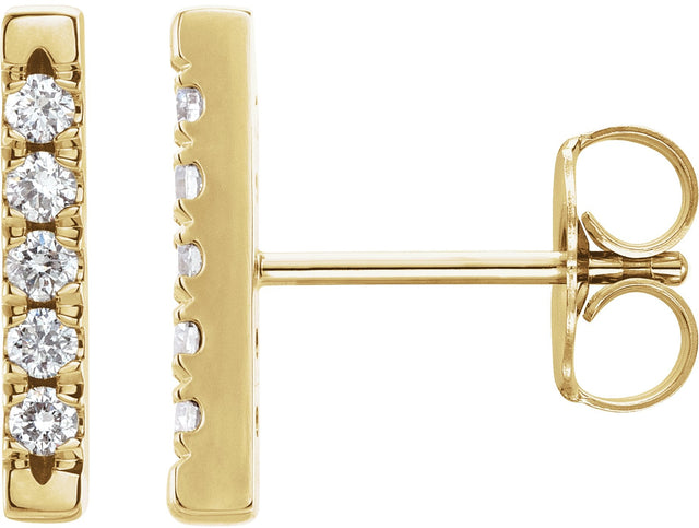 14K Gold Round Natural Diamond French-Set Bar Earrings - Yellow Gold