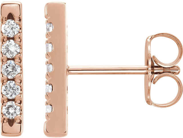 14K Gold Round Natural Diamond French-Set Bar Earrings - Rose Gold