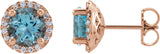 14K Gold Natural Aquamarine Round 4-Prong Halo-Style Earrings – 3-6mm Stones - Rose Gold