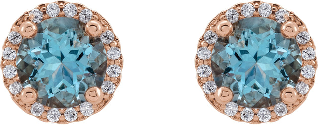 14K Gold Natural Aquamarine Round 4-Prong Halo-Style Earrings – 3-6mm Stones - Rose Gold - view 2