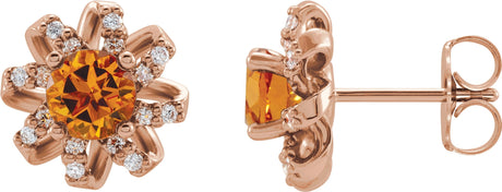 14K Gold Natural Citrine Round 4-Prong Halo-Style Twist Earrings - Rose Gold