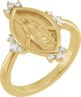 14K Gold Round Natural Diamond Miraculous Medal Ring - Yellow Gold