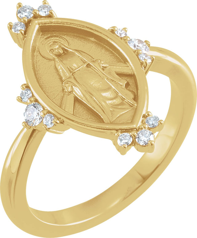 14K Gold Round Natural Diamond Miraculous Medal Ring - Yellow Gold