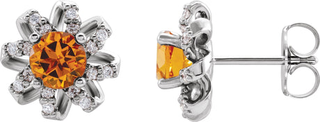 14K Gold Natural Citrine Round 4-Prong Halo-Style Twist Earrings - White Gold