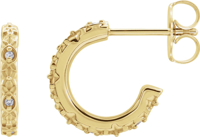14K Gold Round Natural Diamond Vintage-Inspired J-Hoop Earrings - Yellow Gold