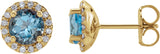 14K Gold Natural Aquamarine Round 4-Prong Halo-Style Earrings – 3-6mm Stones - Yellow Gold