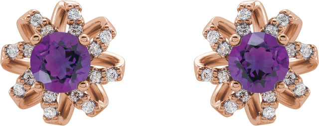 14K Gold Natural Amethyst Round 4-Prong Halo-Style Twist Earrings - Rose Gold - view 2