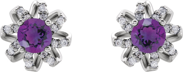 14K Gold Natural Amethyst Round 4-Prong Halo-Style Twist Earrings - White Gold - view 2