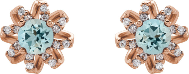 14K Gold Natural Aquamarine Round 4-Prong Halo-Style Twist Earrings - Rose Gold - view 2