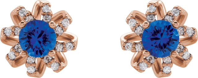 14K Gold Natural Blue Sapphire Round 4-Prong Halo-Style Twist Earrings - Rose Gold - view 2