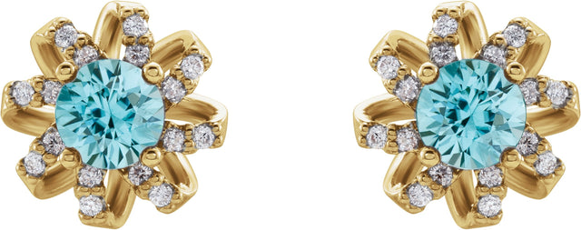 14K Gold Natural Blue Zircon Round 4-Prong Halo-Style Twist Earrings - Yellow Gold - view 2
