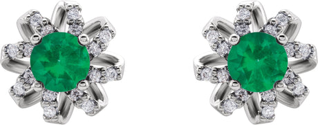 Platinum Natural Emerald Round 4-Prong Halo-Style Twist Earrings - view 2