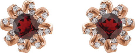14K Gold Natural Mozambique Garnet Round 4-Prong Halo-Style Twist Earrings - Rose Gold