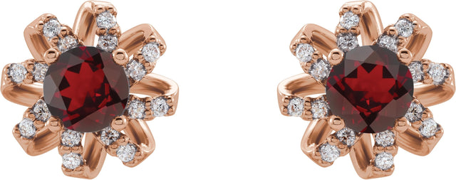 14K Gold Natural Mozambique Garnet Round 4-Prong Halo-Style Twist Earrings - Rose Gold