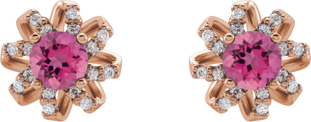 14K Gold Natural Pink Tourmaline Round 4-Prong Halo-Style Twist Earrings - Rose Gold - view 2