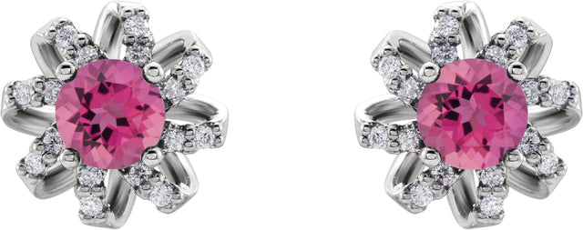 14K Gold Natural Pink Tourmaline Round 4-Prong Halo-Style Twist Earrings - White Gold - view 2