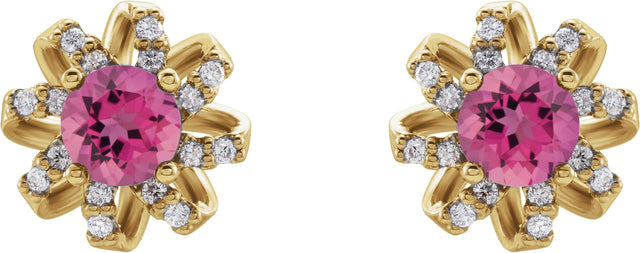 14K Gold Natural Pink Tourmaline Round 4-Prong Halo-Style Twist Earrings - Yellow Gold - view 2